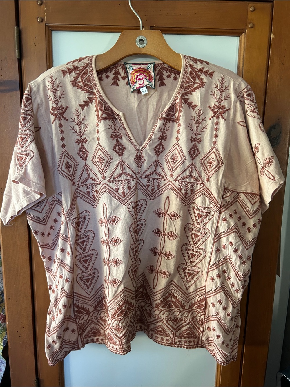 Johnny Was Embroidered V-Neck Short Sleeve Top in Beige with Rust Pattern